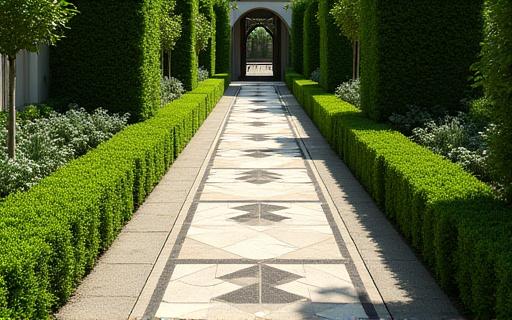 A geometric Art Deco garden pattern with symmetrical pathways and lush plantings.