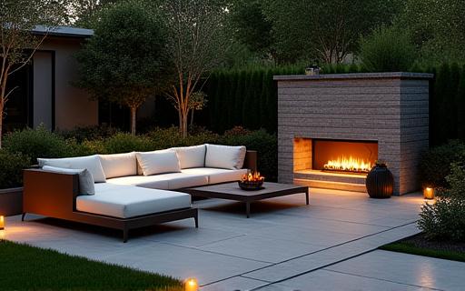 An integrated outdoor living space featuring a comfortable lounge area, a modern fireplace, and subtle garden lighting.